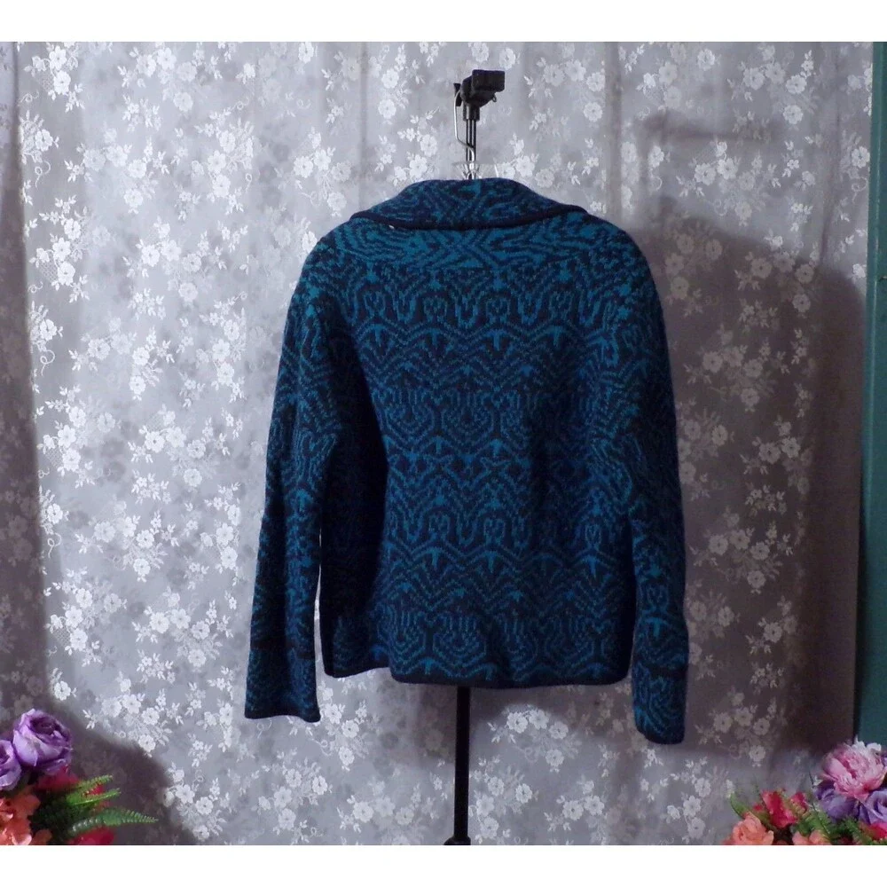 Chico's Wool Angora Blend Cardigan Plus Size 1 Turquoise & Black One Button Cozy